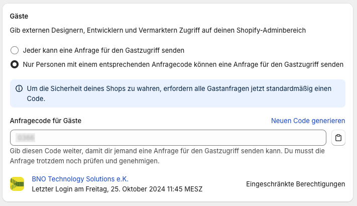 Bild das den Abschnitt Gäste in den Benutzereinstellungen in Shopify zeigt.